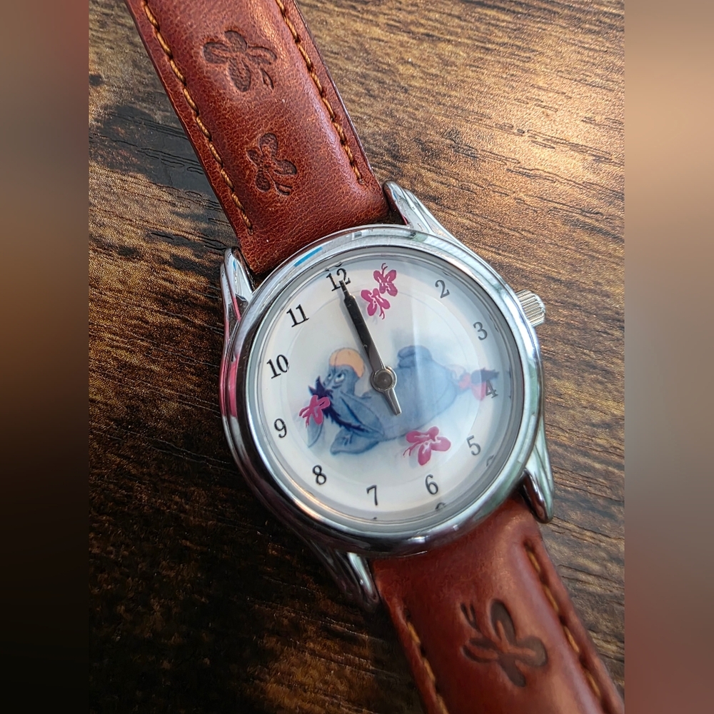 Disney Eeyore Brown Leather Strap Watch with Moving Second Hand (Butterflies)